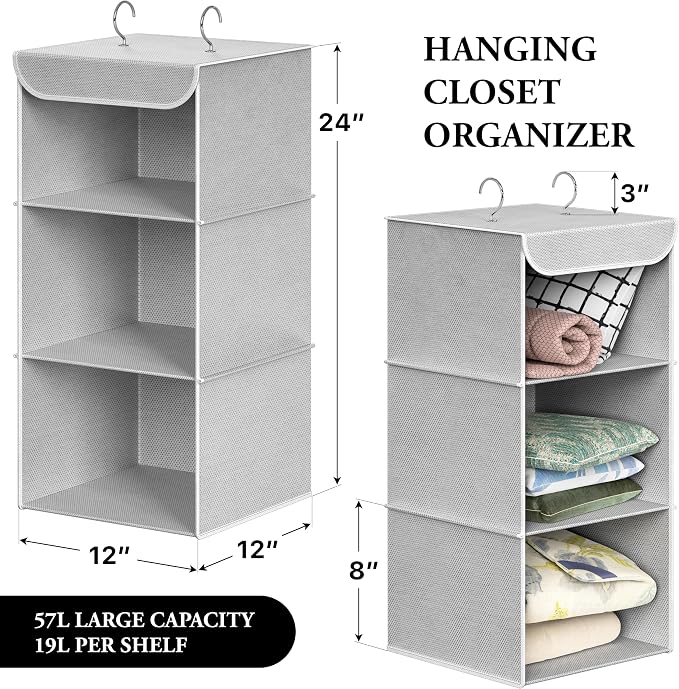 Simple Houseware 3 Shelf Hanging Closet Organizer, Gray | 360° Rotating Dual Hooks, Top Support Metal Frame