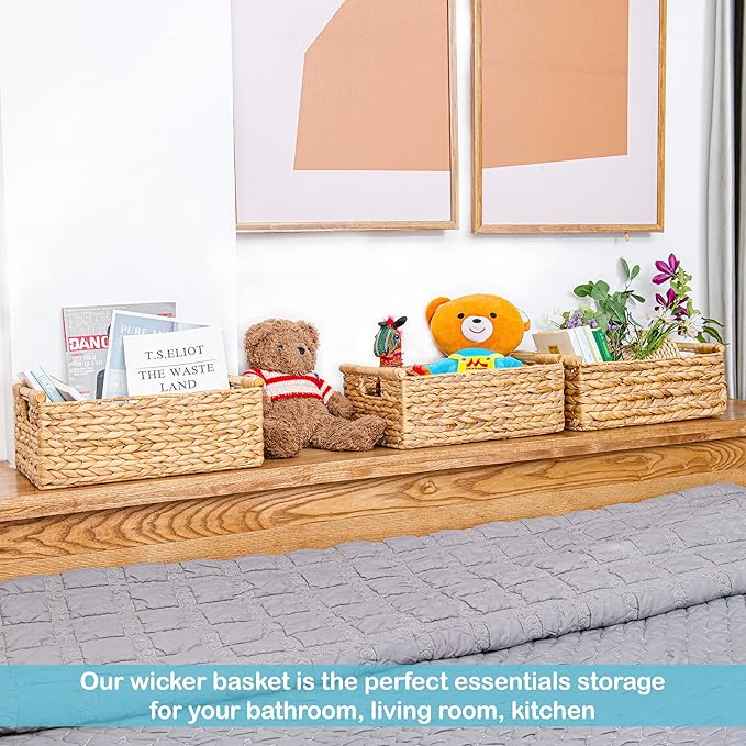 VATIMA Hyacinth Large Wicker Basket 15.5x10.8x6.2" | Rectangular, Wooden Handles, Shelf Organizer