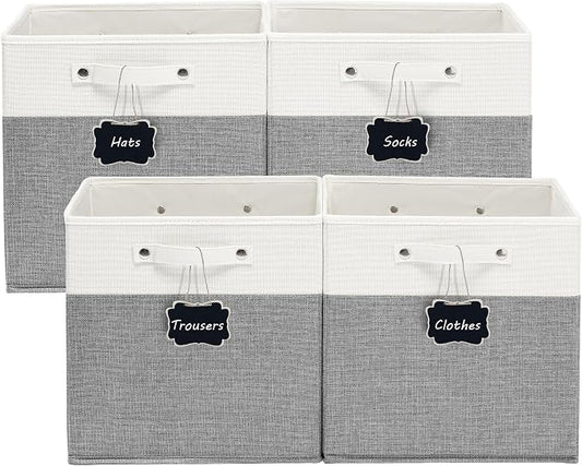 FinishingBo 13 inch Cube Storage Bins with Handles 4 Pack | Foldable Linen Storage Baskets, Closet Organizers, Shelf Baskets, White Grey