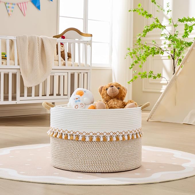 KAKAMAY Large Blanket Basket with Handles, Storage Basket for Living Room | Extra Large Capacity | Natural Cotton Rope | Blanket Storage | Woven Storage Basket | Stuffed Animal Storage | Laundry Basket