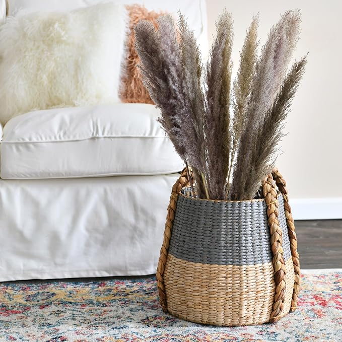 Household Essentials Handwoven Cattail and Paper Rope Terra Basket Decorative Storage Organizer, Natural and Gray Finish