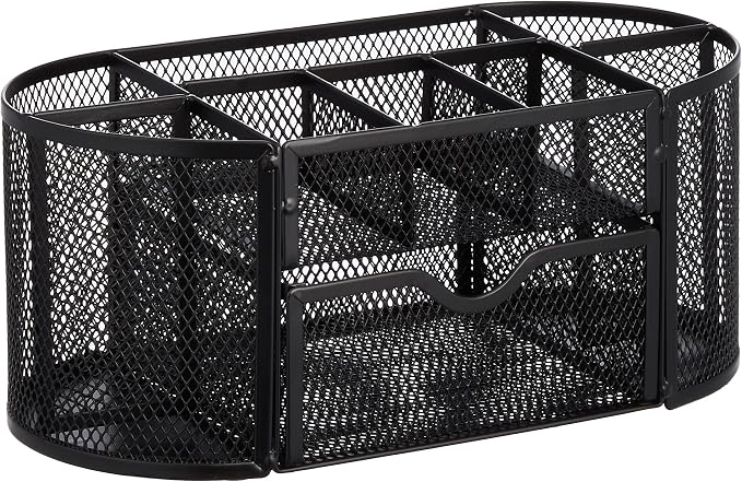 Amazon Basics Mesh Desk Organizer with Pen Holder, Pullout Drawer and Office Caddy Storage, 9.25" x 4.53" x 3.94", Black