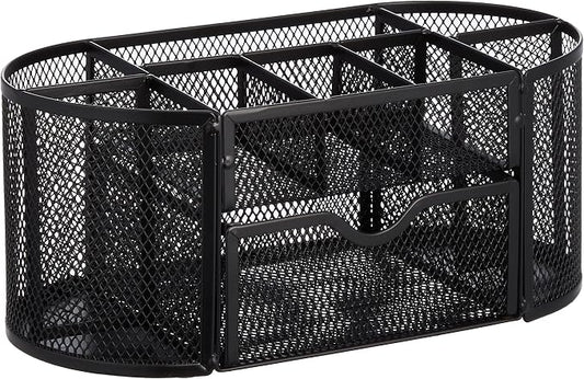 Amazon Basics Mesh Desk Organizer with Pen Holder, Pullout Drawer and Office Caddy Storage, 9.25" x 4.53" x 3.94", Black