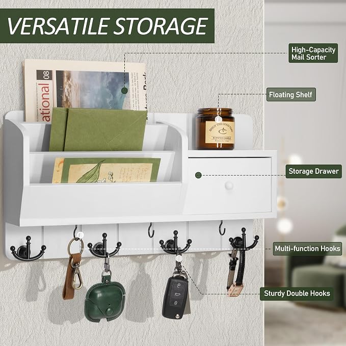 Rebee Vision Key Holder Wall Mount with Mail Organizer for Entryway, White | 3 Mail Sorters, Drawer, 7 Hooks, Sorts Letters, Stores Small Items, Mail and Key Organizer for Wall, Accent for Apartments