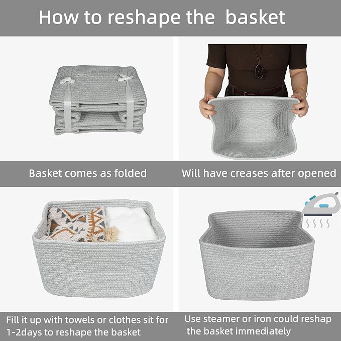 XUANGUO Woven Cotton Rope Storage Baskets 15x10x9.3" 3 Pack Grey | Decorative rectangular storage baskets for shelves and closets; storage bins organize clothes, toys, books and nursery items.