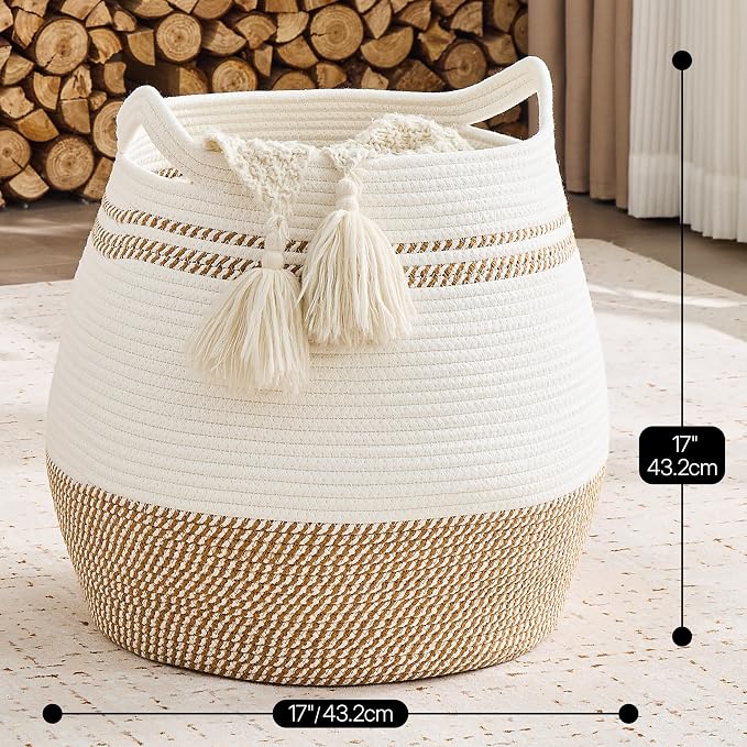 KAKAMAY Large Cotton Rope Woven Basket for Storage (17"x17"), Collapsible Laundry Hamper for Baby, Blanket Basket for Organizing Living Room, Nursery, Clothes, Toy Chest, Brown Stripes