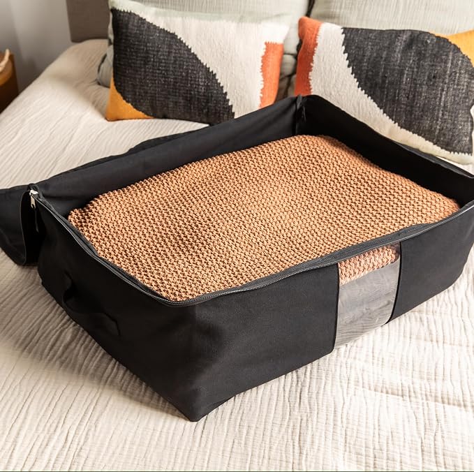 Soft Canvas Storage Bags with Zipper. Thick Breathable, 1pc King/Queen Comforter Organizer. Four Carrying Handles and Window. Large 25x19x9in Bag for Sheets Blankets Bedding Pillows, Clothes (Black)