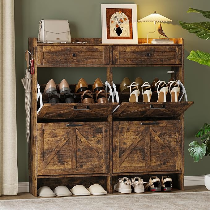 BORNOON Shoe Storage Cabinet for Entryway, Farmhouse Wide Shoe Cabinet with 4 Flip Drawers and 2 Top Drawers, Freestanding Organizer with Adjustable Shelves, Hooks, and Anti-Tip Kit for Hallway