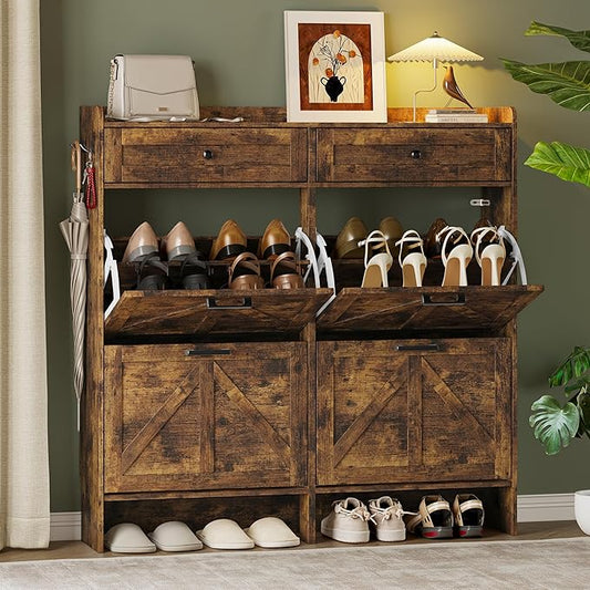 BORNOON Shoe Storage Cabinet for Entryway, Farmhouse Wide Shoe Cabinet with 4 Flip Drawers and 2 Top Drawers, Freestanding Organizer with Adjustable Shelves, Hooks, and Anti-Tip Kit for Hallway