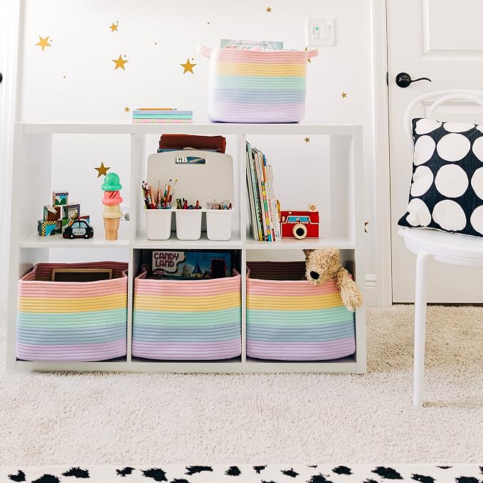 OrganiHaus Rainbow Baskets for Shelves, Set of 3, 15x9x10 | Colorful, handwoven cotton rope; a toy bin for playroom, classroom, or girls' room decor; great for nursery too