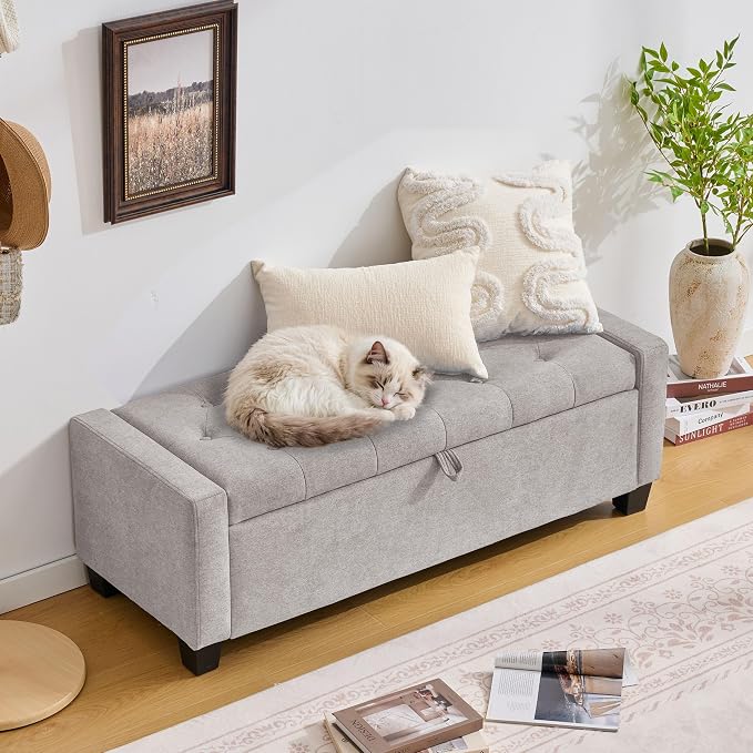 Huatean Home 43" Ottoman with Storage, Light Gray Storage Ottoman Bench | Upholstered Entryway Bench with Seating for Bedroom, Living Room with Safety Hinge, Holds up to 330 lb