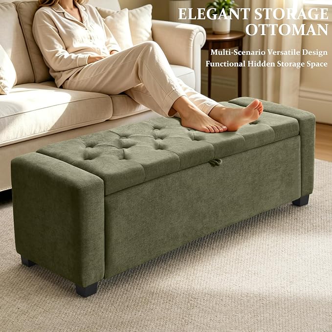 Royal Windsor 48" Ottoman with Storage,Tufted Storage Bench with Safety Hinge,Holds up to 350 lb,Upholstered Bench with Seating for Bedroom,Living Room,Entryway,Linen Green