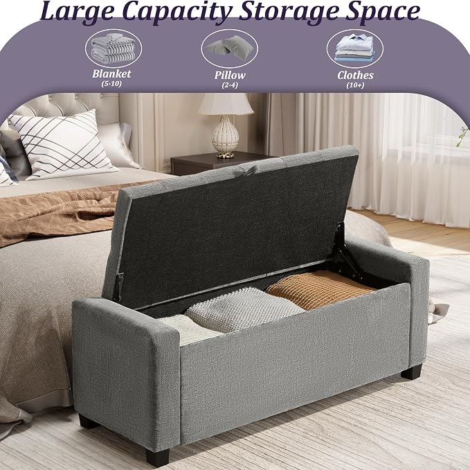 Royal Windsor Ottoman with Storage,Tufted Storage Bench with Safety Hinge,Holds up to 350 lb,Upholstered Bench with Seating for Bedroom, Living Room,Entryway,Linen Light Gray