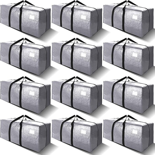 VELVETSURE 12 Pack Heavy Duty Extra Large Moving Bags W/Backpack Straps - Strong Handles & Zippers, Storage Totes For Space Saving, Fold Flat, Alternative to Moving Box and Storage Bin, Silver