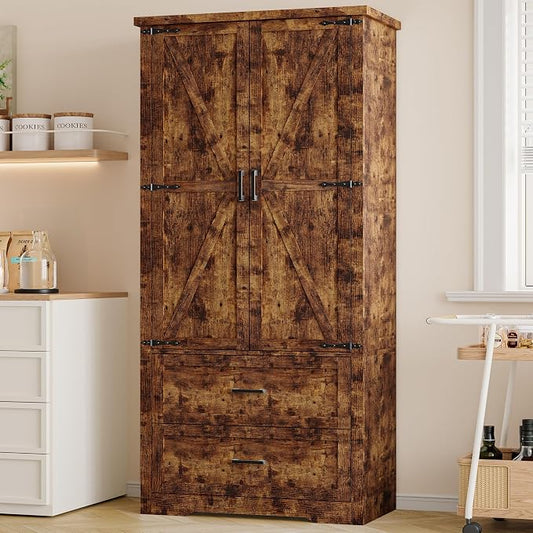 BORNOON Pantry Organizers and Storage Cabinet, 71” Barn Door White Kitchen Cabinet with Drawers and Adjustable Shelf, Tall Pantry for Kitchen, Dining Room, Living Room. Bathroom and Office