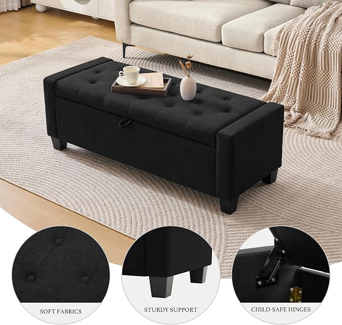 Huatean Home 43" Ottoman with Storage, Black Storage Ottoman Bench | Upholstered Entryway Bench with Seating for Bedroom, Living Room with Safety Hinge, Holds up to 330 lb