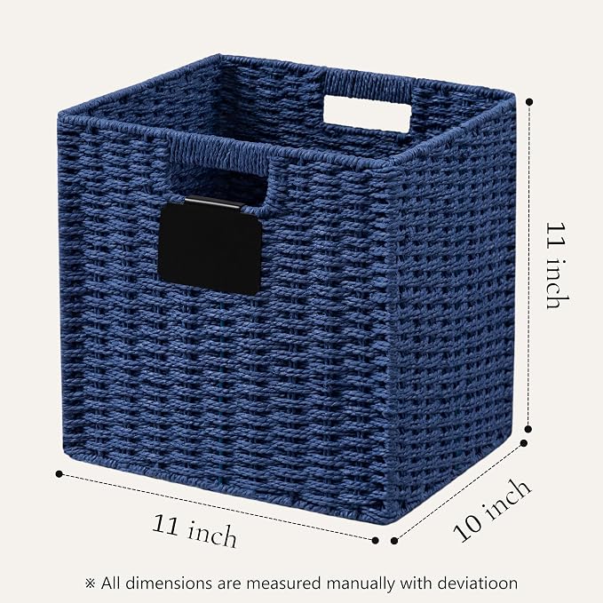 UBBCARE 4 Pack Wicker Basket, 10.5×10.5 Storage Cubes with Label, Foldable Cube Storage Bin with Handle, Square Storage Basket for Shelves, Woven Paper Rope Basket for Organizing, Blue