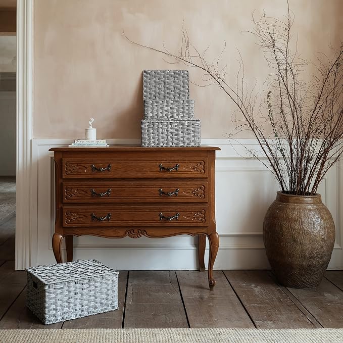 Granny Says Wicker Basket With Lid, Wicker Storage Baskets For Shelves | Woven Baskets With Lids, Wicker Baskets For Storage, Decorative Storage Boxes, Woven Stackable Basket with Lid for Organizing
