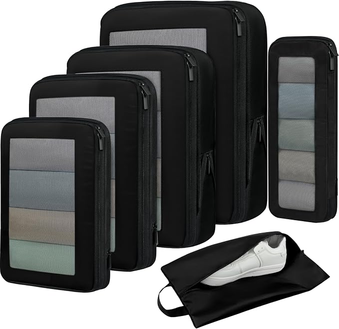 BAGAIL 4 Set/6 Set/8 Set Compression Packing Cubes Travel Accessories Expandable Packing Organizers (Square Mesh, 05-Jet Black)