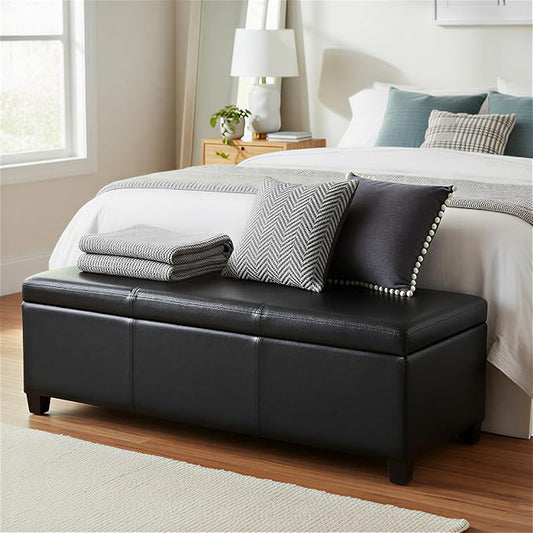 SIMPLIHOME Avalon Storage Ottoman Bench - 48 inch Wide Upholstered Vegan Leather Rectangle Storage Ottoman Bench in Carbon Black, Contemporary Ottoman for Living Room or Entryway with Lift-Up Lid