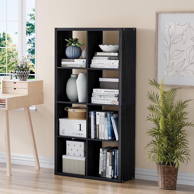VDNEND Cube Storage Organizer Bookcase, Decorative 11 inch Open Back Cubical Shelf with Thickened Border, Display Bookshelf for Living Room, Home Office, Sturdy Room (Black, 8 Cube)
