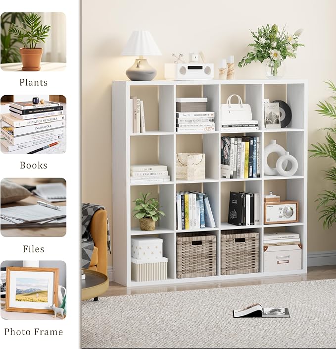 VDNEND Cube Storage Organizer Bookcase, Decorative 11 inch Open Back Cubical Shelf with Thickened Border, Display Bookshelf for Living Room, Home Office, Sturdy Room (White, 16 Cube)
