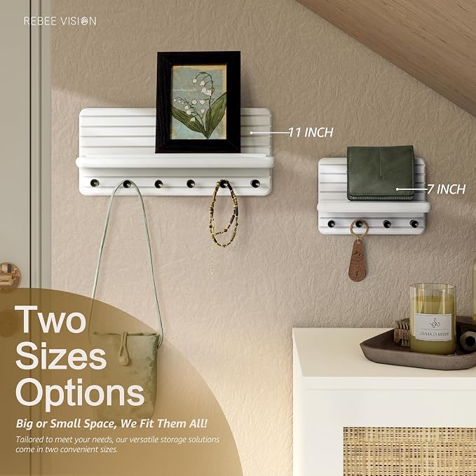 Rebee Vision Pine Key Holder Wall Mount with 6 Hooks for Room Decor, White | Pine Wood, 6 Key Hooks, Key Holder for Wall, Floating Shelf, Mail Organizer, Apartment Essential for Home Improvement