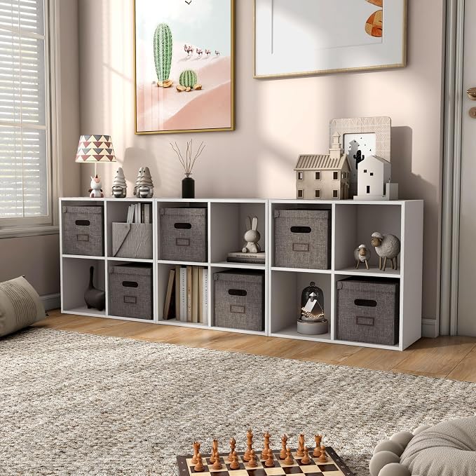Homes: Inside + Out Apexa 4-Cube Storage Organizer Shelves, Stackable Wood Bookcase Fits Cubby Bins for Organization, Dorm Teen Room Decor & Home Office, Taupe Grey