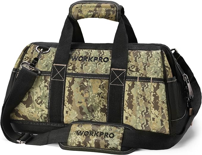 WORKPRO 16-Inch Wide Mouth Tool Bag with Water Proof Molded Base | Multi-Pocket, Heavy Duty Cloth, Adjustable Shoulder Strap, Double-pull Zipper, For Workshops, Outdoor Projects