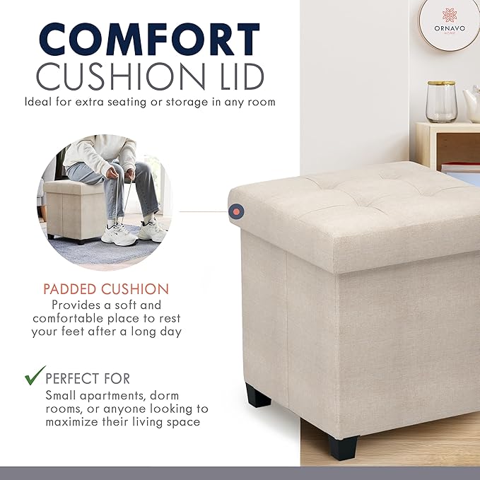 Ornavo Home Square Cube Storage Ottoman with Legs, 15x15x15, Beige | Foot Rest Stool Seat; Holds Up to 600 lbs; Ideal for Living Room, Bedroom, Home Office or Dorm