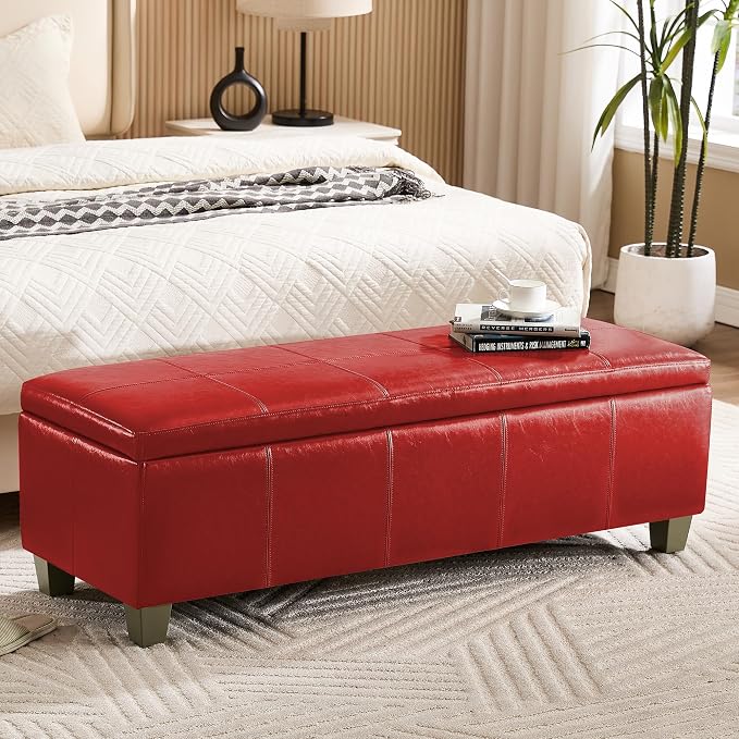 WUTUTUEE 51" Faux Leather Storage Ottoman, Stitch Tufted Rectangle Upholstered End of Bed Storage Bench, Entryway Large Couch Ottoman with Wooden Legs,Red