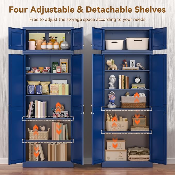 Polup 86" Tall Metal Kitchen Pantry Storage Cabinet with Doors and Shelves | Heavy-Duty Blue Cabinet, 4 Adjustable Shelving, Gold Handles, Magnetic Latch, for Dining Living Room, Bathroom & Garage