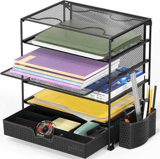 Simple Houseware 5-Tier Desk File Organizer w/Drawer & Pen Holder, Black | Desktop Tray Organizer for A4 Paper, Mail and Documents