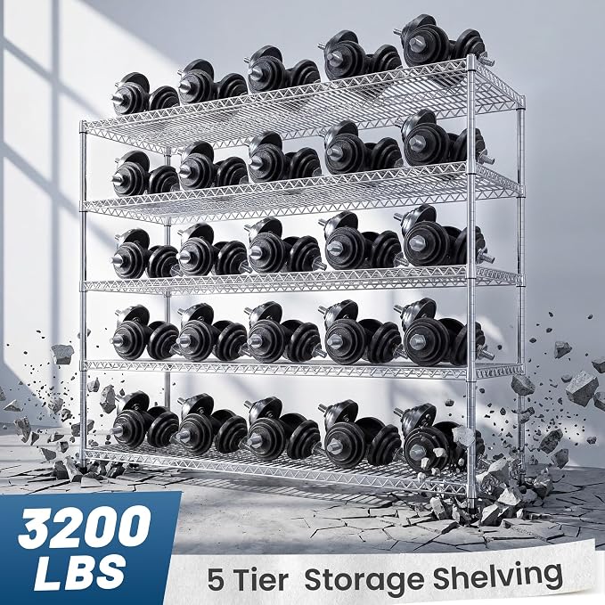 REIBII 55.5" W Storage Shelves 3200LBS Metal Shelving 5 Tier Wire Shelving Garage Shelving Heavy Duty Metal Shelves for Shelving Unit Commercial Adjustable Shelf, 55.5" W X 18''D X 71" H，Chrome