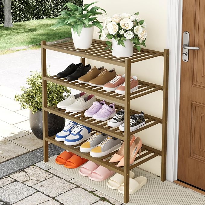 Smiry Bamboo Shoe Rack, 14 Vertical Slats, 4 Tier - 26.8" Wide, Walnut | Stackable Free Standing Wooden Shoe Organizer, Wood Shoe Storage Shelf for Closet, Entryway, Thicher Leg