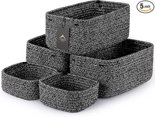 5-Pack Small Woven Rope Storage Baskets, 2 Sizes Organizer Bins | Fabric Cube Boxes and Rectangular Shallow Bins for Closet, Shelf, Bookshelf, Nursery, Changing Table, Bathroom, Toys & Home