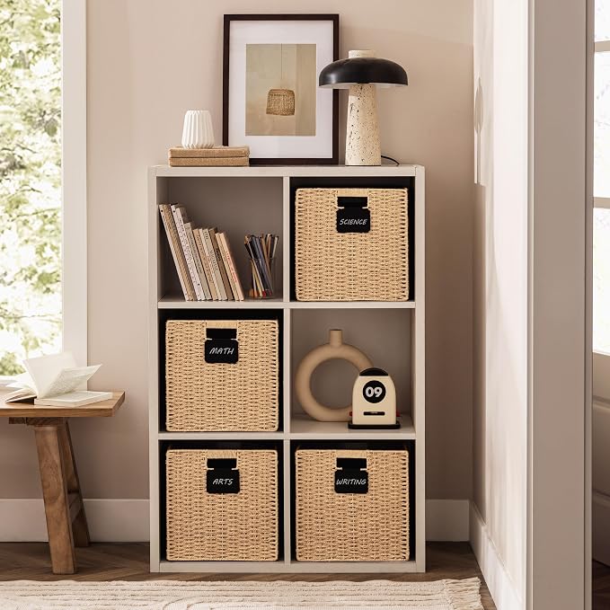 UBBCARE 4 Pack Wicker Basket, 12×12 Storage Cubes with Label, Foldable Cube Storage Bin with Handle, Square Storage Basket for Shelves, Woven Paper Rope Basket for Organizing, Light Brown
