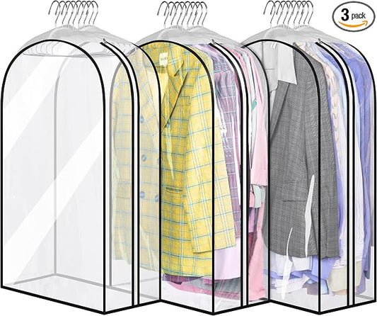 MISSLO 32" All Clear Garment Bags for Hanging Clothes 10" Gusseted Suit Bags for Closet Storage Suit Cover Hanging Clothes Storage for Shirts, Coats, 3 Packs