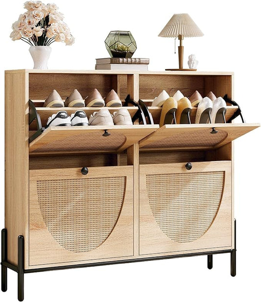 IRONCK Rattan Shoe Cabinet Storage with 4 Flip Drawers, Freestanding Shoe Storage Organizer Cabinet for Entryway, Narrow Shoe Rack Cabinet, Oak