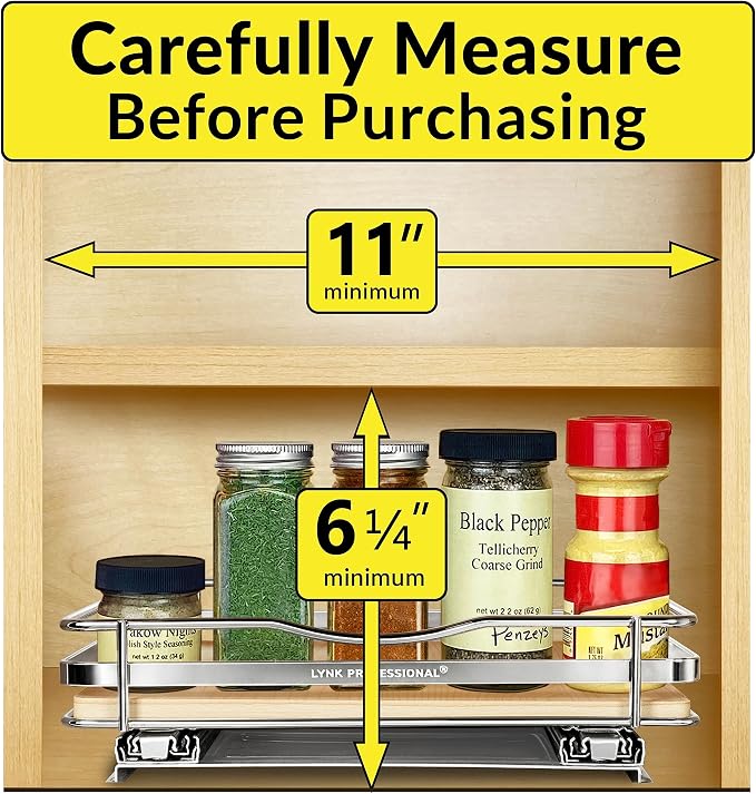 LYNK PROFESSIONAL® Élite™ Pull Out Spice Organization for Cabinets - 10-3/8 inch Wide – Spice Rack for Inside Cabinets – Wood/Chrome - Sliding Spice Rack Organizer for cabinet – Spice Rack - 1 Tier