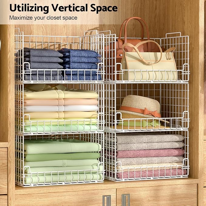 6-Tier Stackable Closet Organizers and Storage Basket - Foldable Closet Shelf Organizer System, Sturdy Metal Space-Saving Clothes Storage Bins for Wardrobe, White