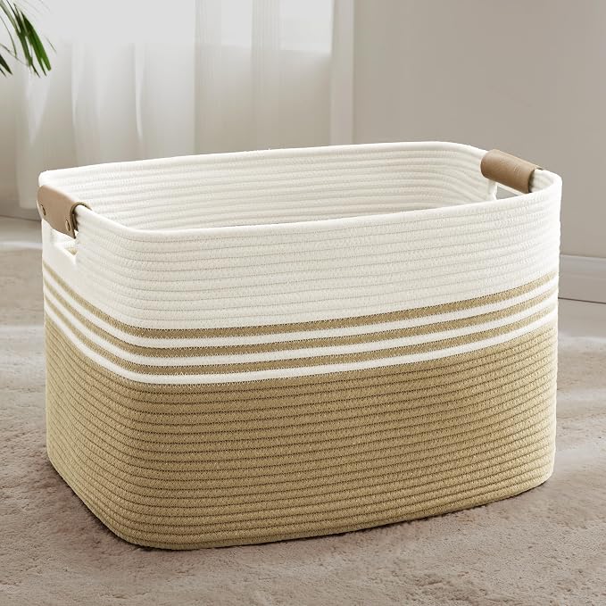 86L Large Woven Laundry Basket Hamper with Leather Handles,Khaki | collapsible wicker hamper, storage for dirty clothes, toys, blankets, gifts, living room, bedroom, bathroom, 24"x16"x14"