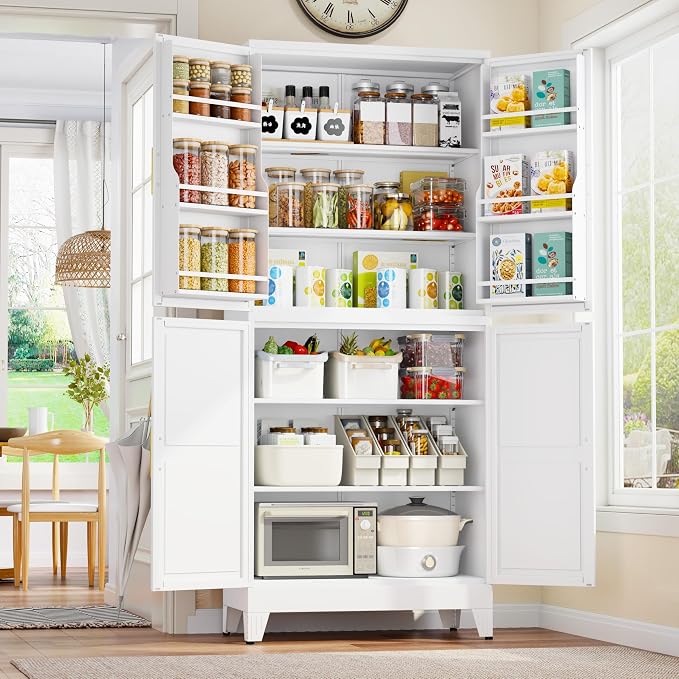 GAIOUS 74.8" Tall Metal Food Cabinet, White Kitchen Pantry Cabinet Cupboard | Food Storage, Kitchen Organizer, Storage Cabinet with 4 Door and 4 Adjustable Shelves, Steel Freestanding, for Dining Living