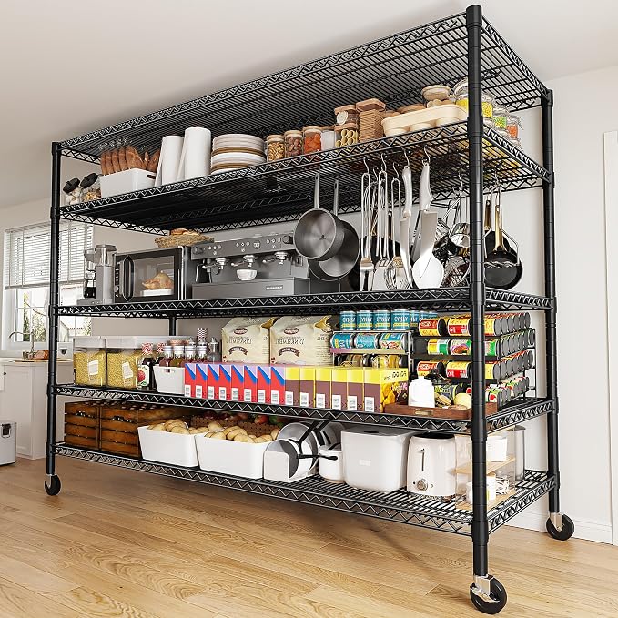 REIBII 85.7"H 5-Tier Garage Shelving with Wheels&Feet, Adjustable, 2998 lbs | 55.5"W x 24.2"D, Rustproof, Lockable wheels, Height-adjustable, Tool-free, For pantry/garage/basement/warehouse/commercial