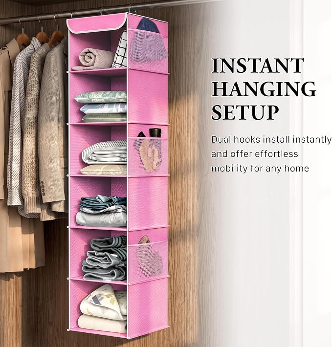 Simple Houseware 6 Shelf Hanging Closet Organizer, Pink | 360° Rotating Dual Hooks, Top Support Metal Frame, 6 Side Mesh Pockets