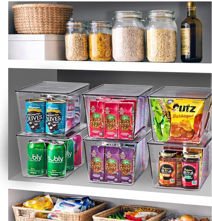 Clear Storage Bins with Lids, 8 Pack Large Stackable Clear Bins, Clear Storage Containers with Lids, Plastic Organizer Boxes for Pantry Storage, Kitchen Cabinets, Closet Organization, Bathroom