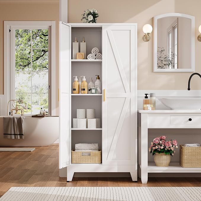 61" H White Storage Cabinet,Metal Pantry Cabinets with Doors,Tall Cabinet,Kitchen Pantry Storage Cabinets
