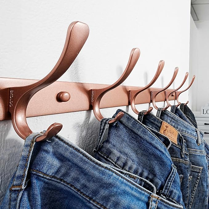 SKOLOO Coat Rack Wall Mounted - 6 Hooks, Pack of 2, Heavy Duty, Stainless Steel, Metal Wall Hanger, Sturdy Coat Hooks for Hanging Coats, Jacket, Clothes, Hat, Matte Rose Gold