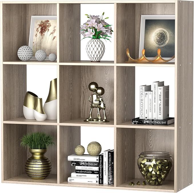JupiterForce 9 Cubes Bookcases Storage Organizer, 3-Tier Wooden Open Bookshelf Cabinets with Removable Back Panels for Home, Office, Living Room(Natural)