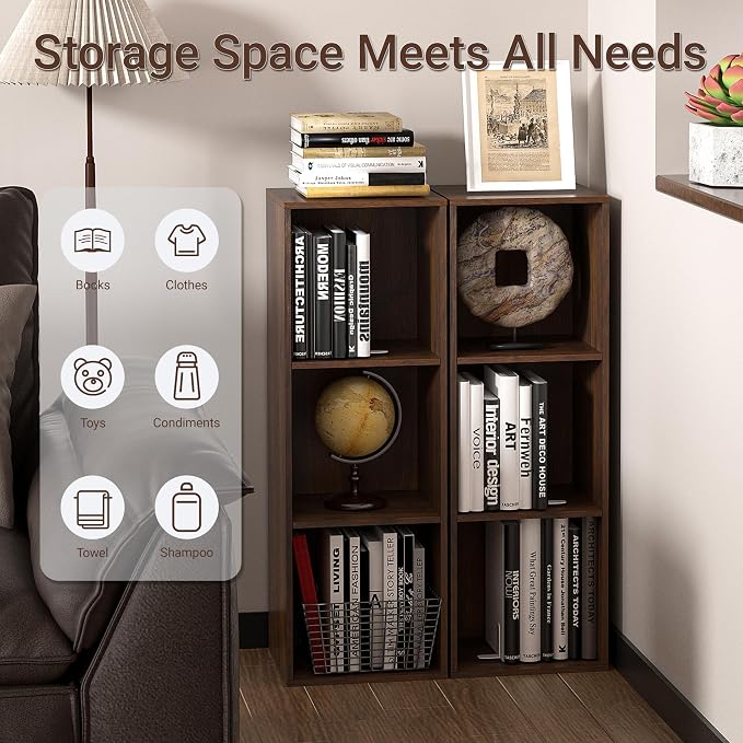 3 Cube Storage Organizer, 3Tier Cube Low Bookcase Freestanding Storage Display Organizer, Three-Cubes Open Shelf Bookshelf for Home Office (Dark Walnut,Black Walnut, 3-Cube)
